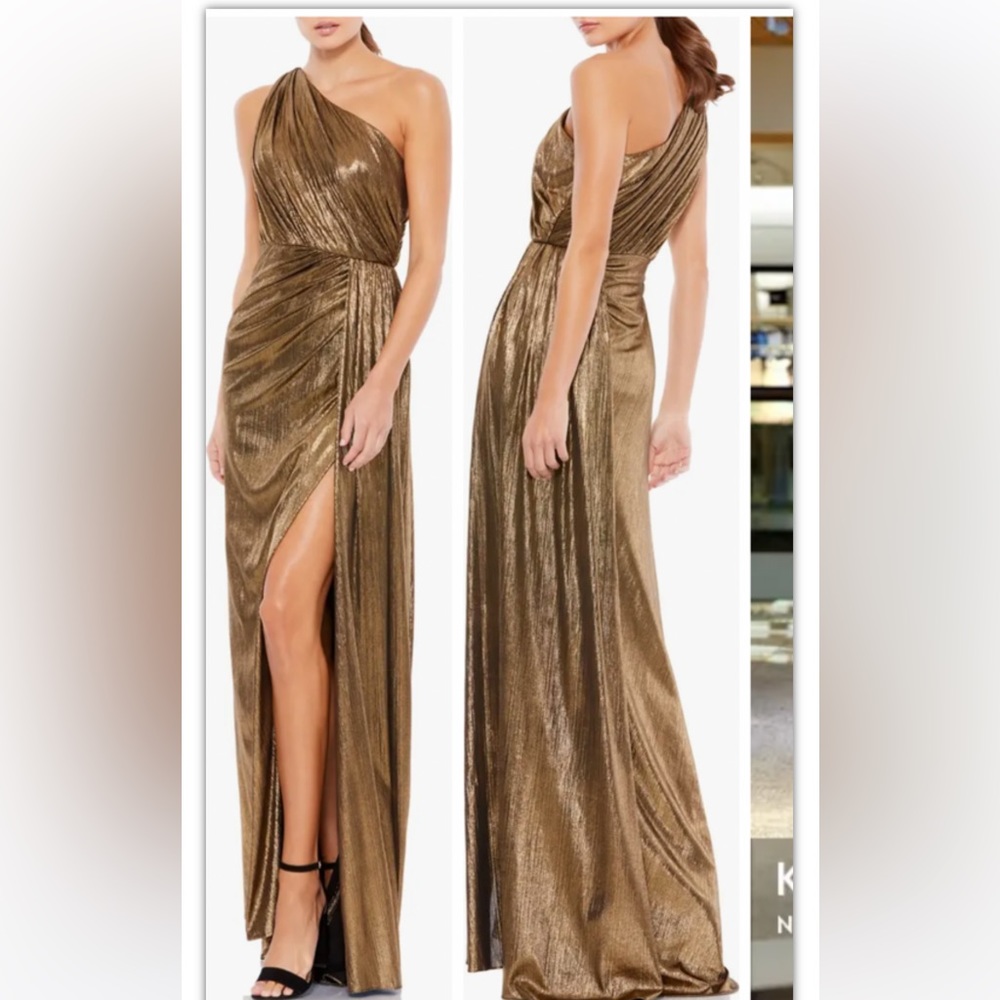 MAC DUGGAL antique gold jersey one shoulder gown, sz 14, new,No defects